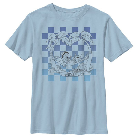 Boy's Lilo & Stitch Blue Checkered Palm Trees T-Shirt