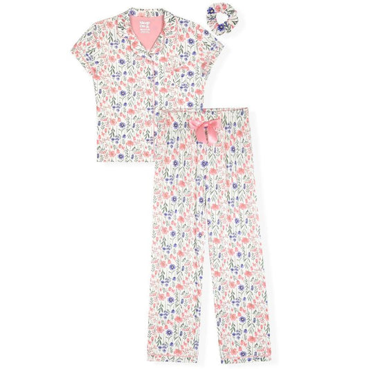 Sleep On It Girls 2-Piece Short-Sleeve Button Down Coat Pajama Pant Set with Matching Scrunchie