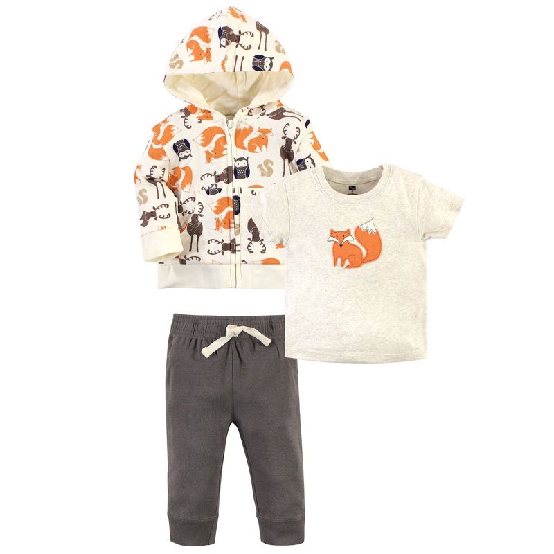 Hudson Baby Infant and Toddler Boy Cotton Hoodie, Bodysuit or Tee Top and Pant Set, Forest Toddler