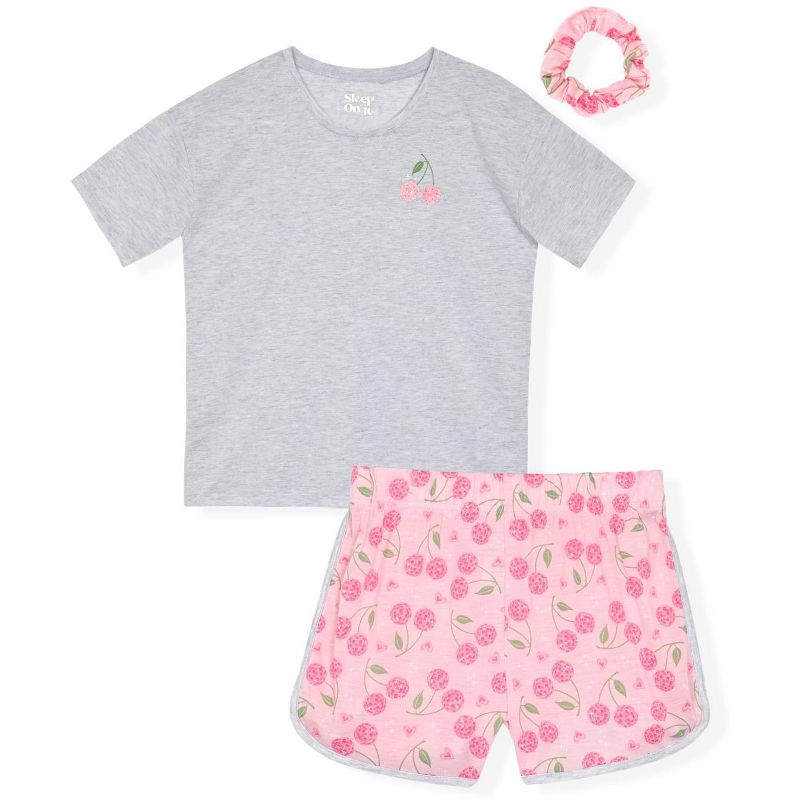 Sleep On It Girls 2-Piece Short-Sleeve Jersey Pajama Shorts Set with Matching Hair Scrunchie