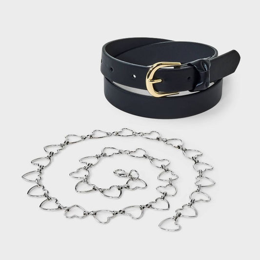 Girls' 2pk Bow and Heart Chain Belt - art class™ Black/Silver
