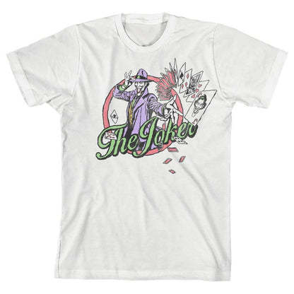 تي شيرت أبيض للأولاد عليه صورة باتمان جوكر مع أوراق اللعب