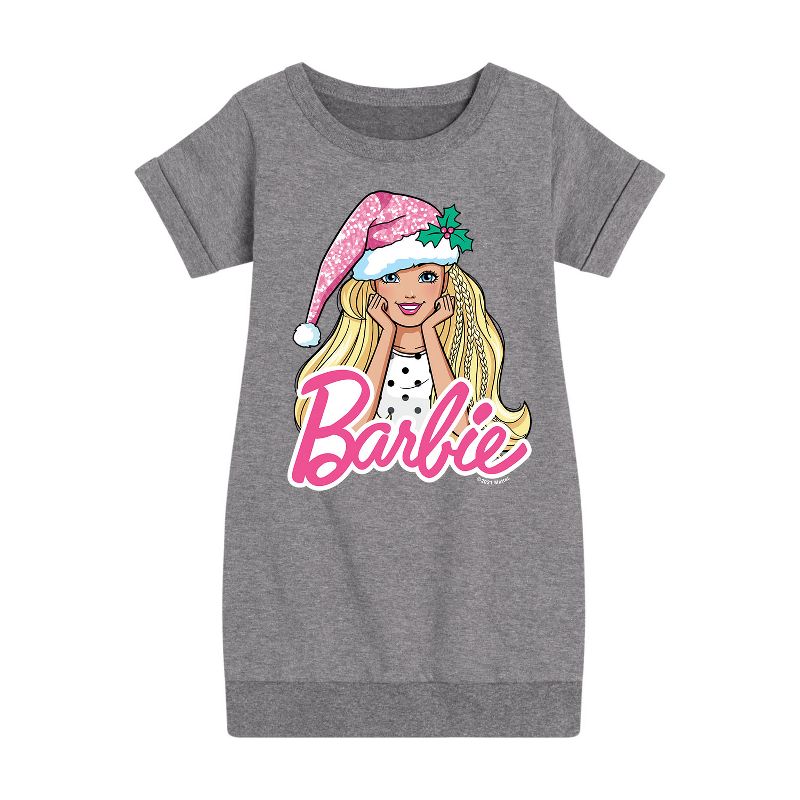 فستان باربي للبنات - باربي - قبعة سانتا بشعار باربي - فستان قصير الأكمام من الصوف