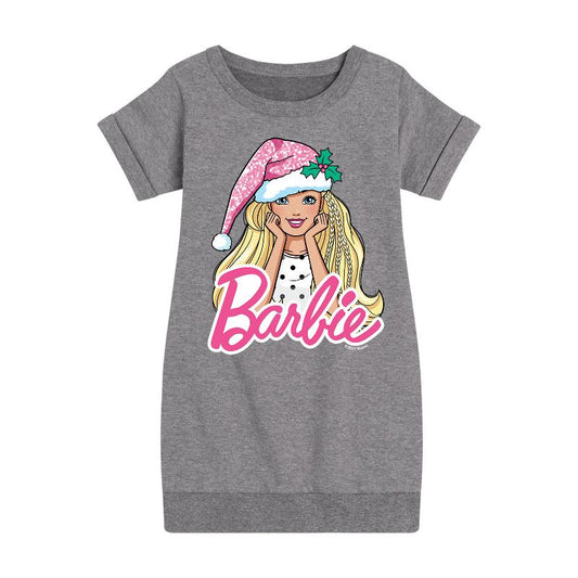 Girls' - Barbie - Barbie Logo Santa Hat Graphic Short Sleeve Fleece Dress
