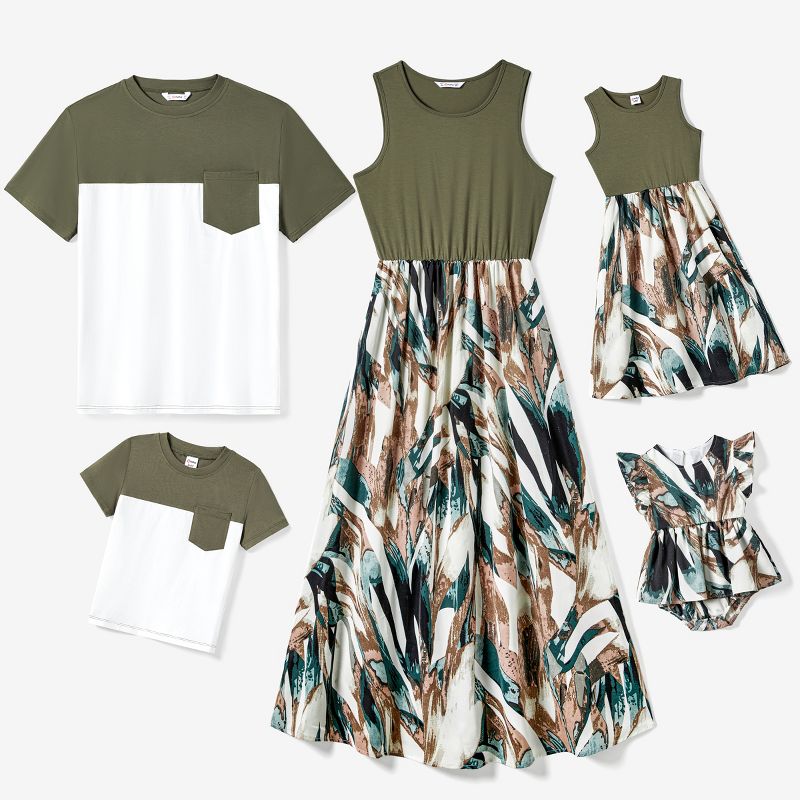 PATPAT Family Matching Outfits Women Girls Splicing Floral Leaf Midi Dresses and Colorblock Short-sleeve Shirts