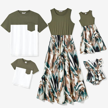 PATPAT Family Matching Outfits Women Girls Splicing Floral Leaf Midi Dresses and Colorblock Short-sleeve Shirts