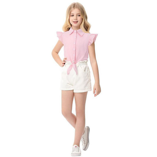 Girls Tie Front Knot Tops with Ruffle Sleeve Plaid Tops Tie Front Blouse Short Sleeve Button Down Shirts for Toddler Girls