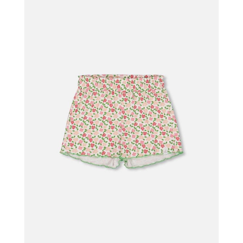 Deux par Deux Girl Printed Ribbed Short Small Flowers on White Background