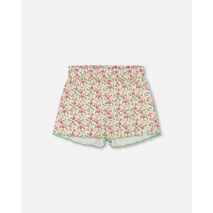 Deux par Deux Girl Printed Ribbed Short Small Flowers on White Background