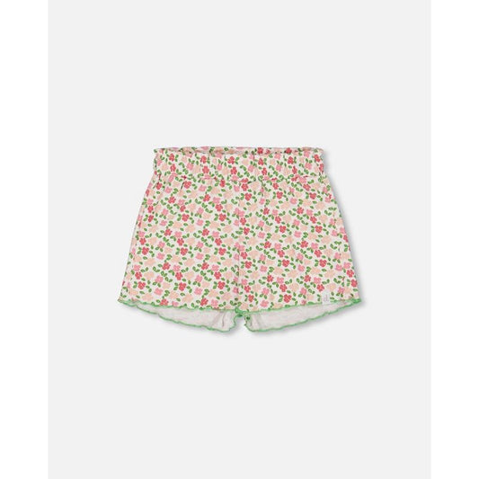 Deux par Deux Girl Printed Ribbed Short Small Flowers on White Background