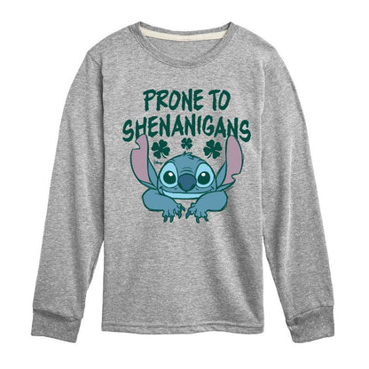 Boys' - Lilo and Stitch - St. Patrick's Day Prone To Shenanigans Long Sleeve Graphic T-Shirt