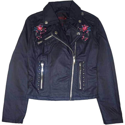 Yoki Big Girls' Floral Embroidered Design PU Faux Leather Jackets