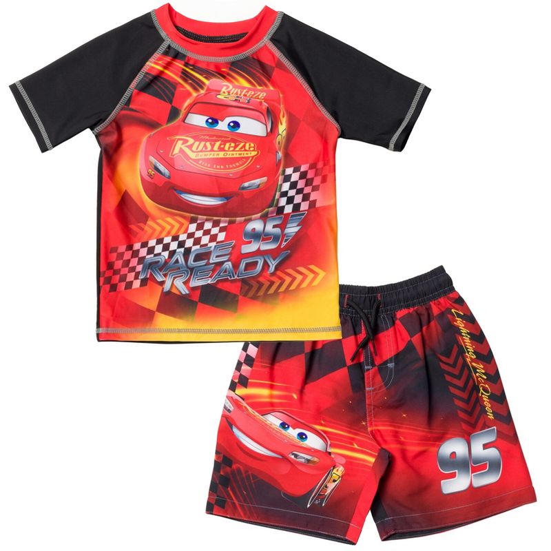 Disney Cars UPF 50+ Pullover Rash Guard and Swim Trunks Outfit Set Little Kid Sizes (2T - 7-8)