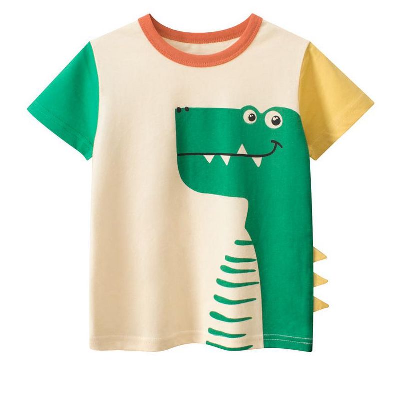 MyKids-Usa Boys's Cartoon Dinosaur Print Color Patchwork Short Sleeves T-Shirt In European And American Style