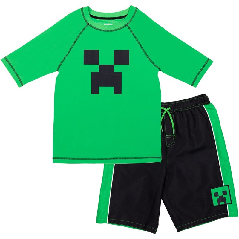 Minecraft Zombie Creeper Alex Steve Rash Guard and Swim Trunks Outfit Set Little Kid to Big Kid