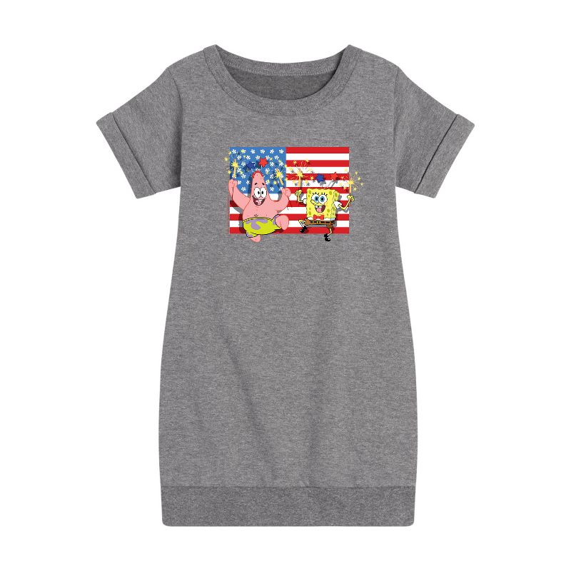 Girls' - SpongeBob SquarePants - Patrick Sparkers Flag Graphic Short Sleeve Fleece Dress