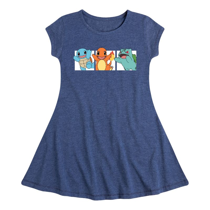 Girls' - Pokémon - Squirtle, Charmander and Bulbasaur -Youth Girls Fit And Flare Dress Fit & Flair Cap Sleeve Dress