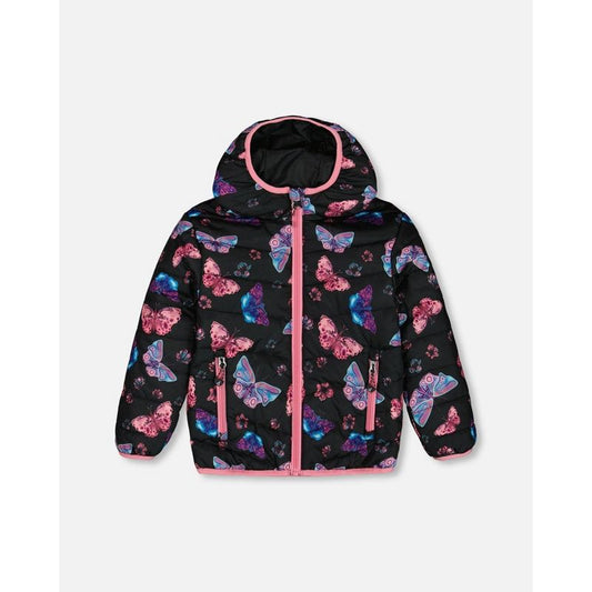 Deux par Deux Girl Printed Quilted Mid-Season Jacket Multicolored Butterflies on Black Background