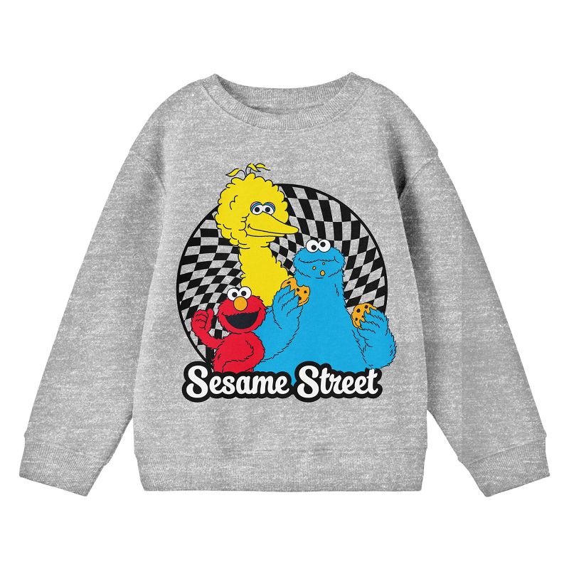 Sesame Street Characters Checkered Circle Crew Neck Long Sleeve Athletic Heather Youth Sweatshirt