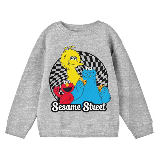 Sesame Street Characters Checkered Circle Crew Neck Long Sleeve Athletic Heather Youth Sweatshirt