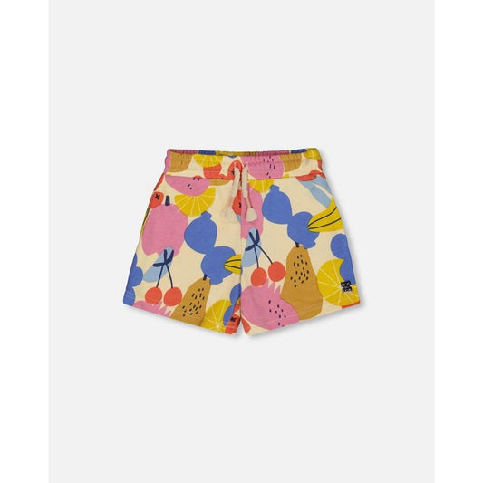 Deux par Deux Girl Printed French Terry Short Fruits on Yellow Background