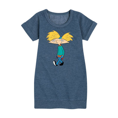 Girls' - Hey Arnold! - Distressed Arnold Graphic Short Sleeve Fleece Dress