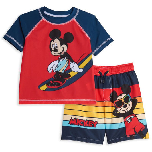 Disney Mickey Mouse Surfboard UPF 50+ Rash Guard Shirt & Swim Trunks Outfit Set Little Kid to Big Kid