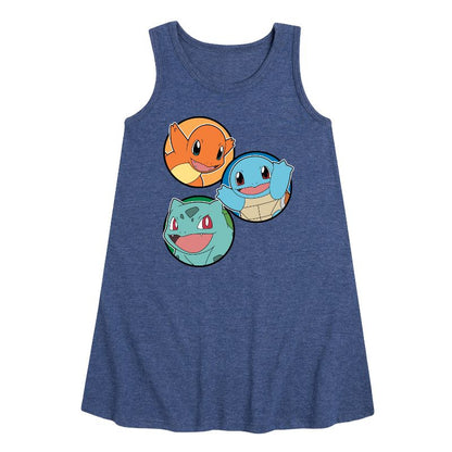Girls' - Pokémon - Squirtle, Bulbasaur, & Charmander Group Graphic Sleeveless Aline Dress