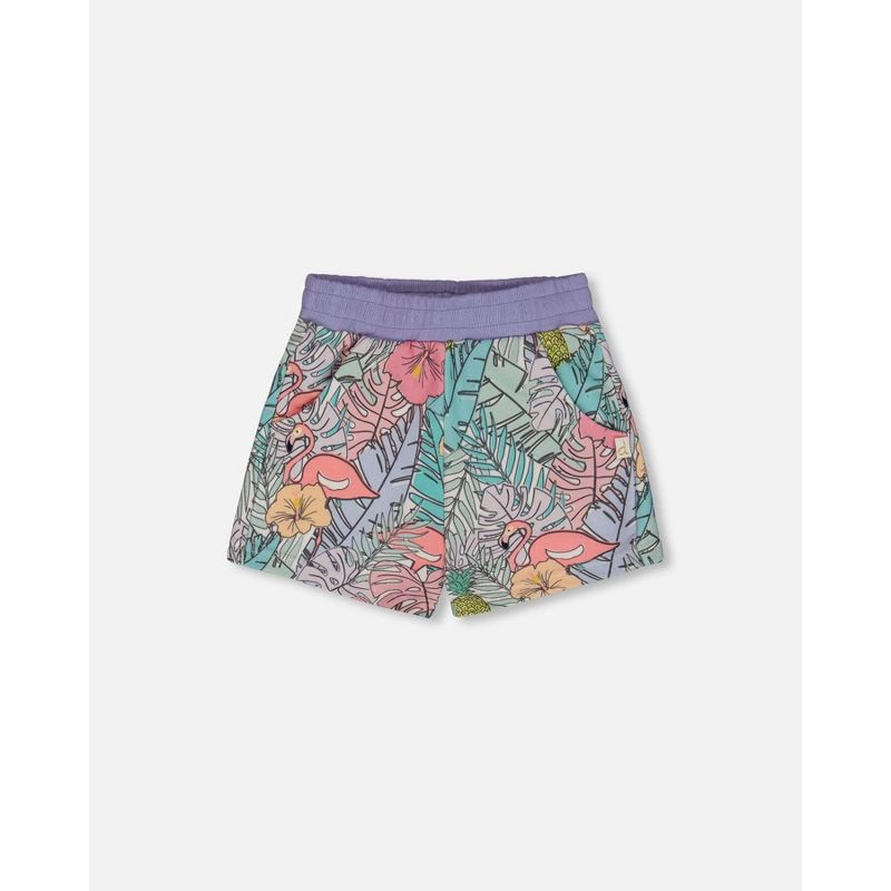 Deux par Deux Girl Printed French Terry Short Lilac Tropical and Pink Flamingos