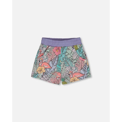 Deux par Deux Girl Printed French Terry Short Lilac Tropical and Pink Flamingos