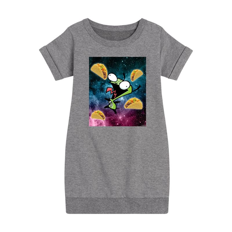 فستان بناتي من Invader ZIM - GIR Loves Tacos in Space Graphic بأكمام قصيرة من الصوف