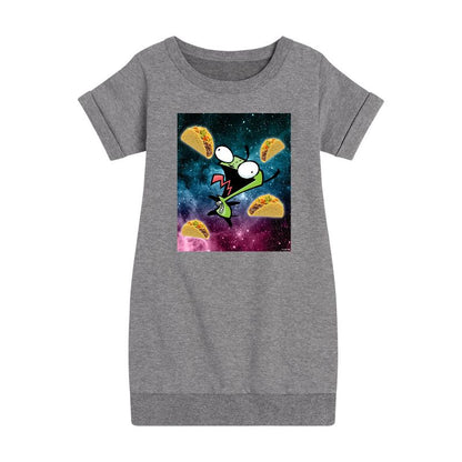 فستان بناتي من Invader ZIM - GIR Loves Tacos in Space Graphic بأكمام قصيرة من الصوف