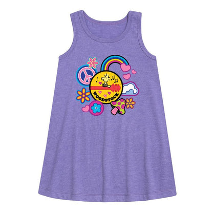 Girls' - Peanuts - Woodstock Peace And Love Flair Graphic Sleeveless Aline Dress