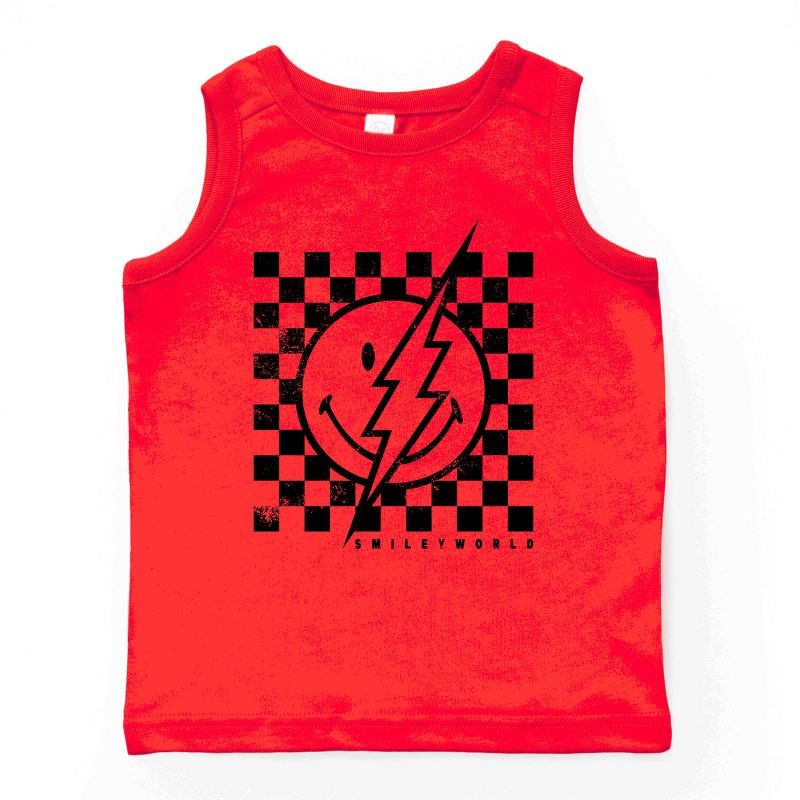 بلوزة شبابية بدون أكمام من مجموعة The Juniper Shop SmileyWorld Checkered Lightning Distressed Youth Tank Top