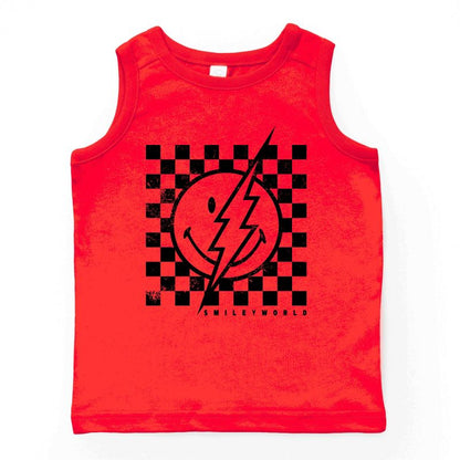 بلوزة شبابية بدون أكمام من مجموعة The Juniper Shop SmileyWorld Checkered Lightning Distressed Youth Tank Top