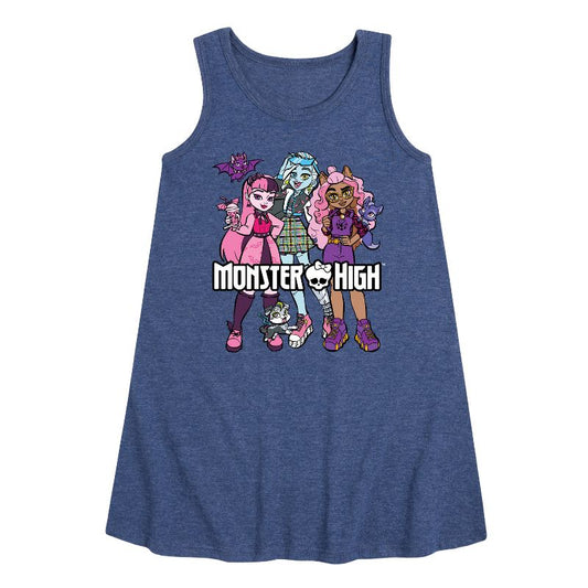 Girls' - Monster High - Group With Pets Graphic Sleeveless Aline Dress