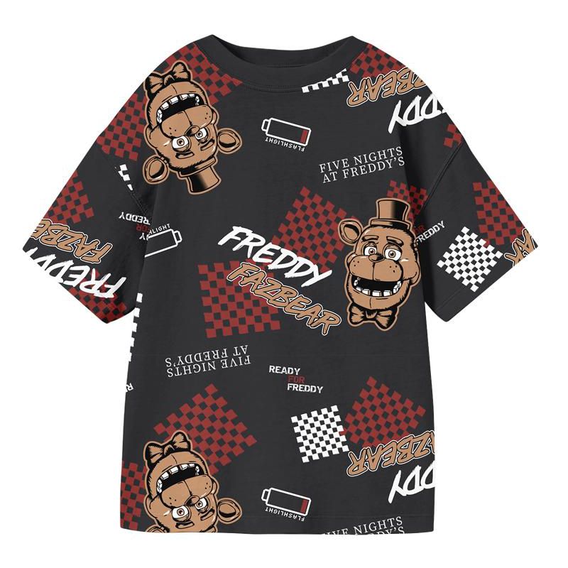 Five Nights At Freddy's Low Battery & Checkered Squares All-Over Print Youth Black Crew Neck Short Sleeve T-shirt