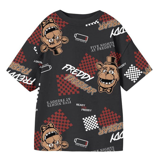 Five Nights At Freddy's Low Battery & Checkered Squares All-Over Print Youth Black Crew Neck Short Sleeve T-shirt