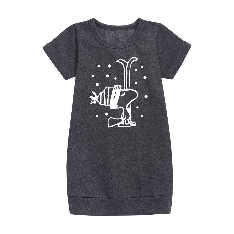 فستان صوف بأكمام قصيرة مطبوع عليه رسومات تساقط الثلوج من وودستوك للبنات - Peanuts -