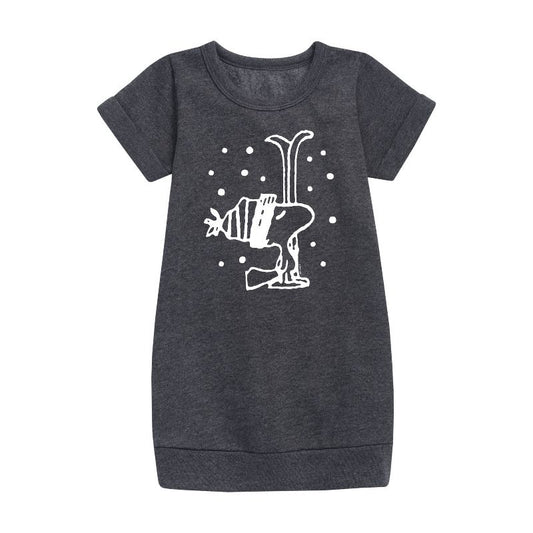 فستان صوف بأكمام قصيرة مطبوع عليه رسومات تساقط الثلوج من وودستوك للبنات - Peanuts -