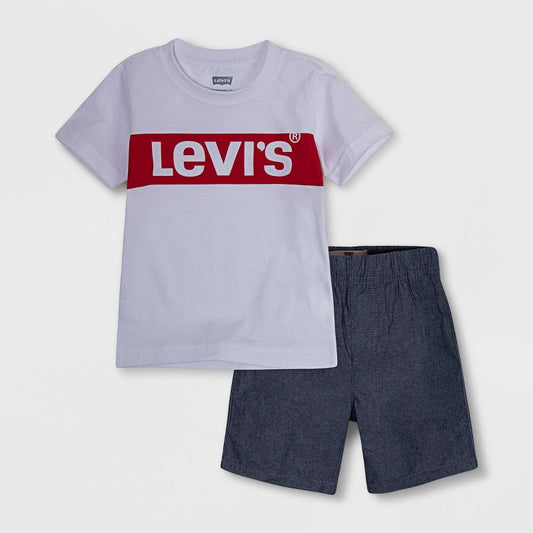 طقم من قطعتين من تي شيرت محبوك بأكمام قصيرة وشورت منسوج سهل الارتداء للأولاد الصغار من Levi's® - أبيض