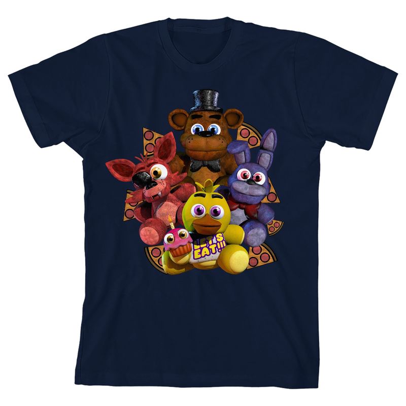 Five Nights At Freddy's Plush Characters Group Shot Youth Navy Crew Neck Short Sleeve T-shirt