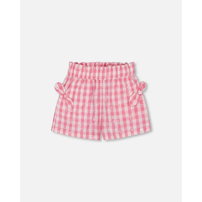 Deux par Deux Girl Smocked Waist Short with Knots Pink and White squares