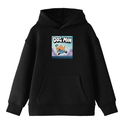 Dog Man Running Across Cityscape Youth Black Long Sleeve Hooded Sweatshirt