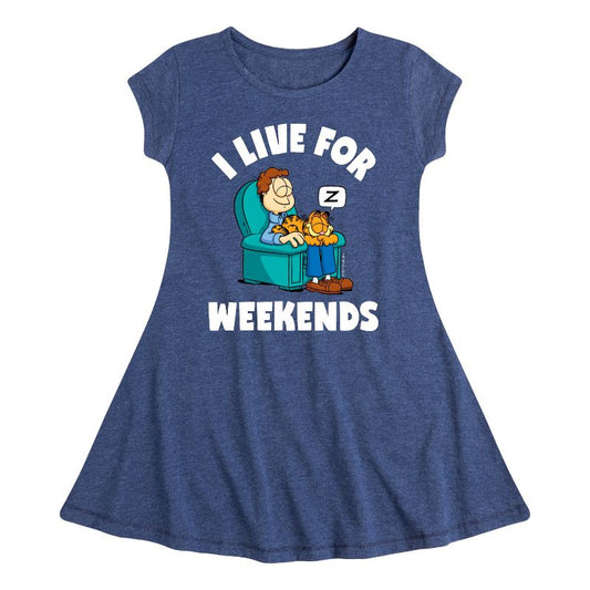 Girls' - Garfield - I Live For Weekends Fit & Flair Cap Sleeve Dress
