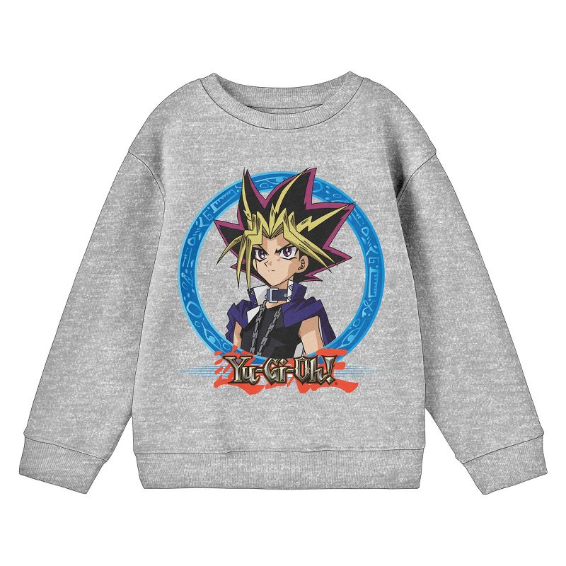 Yu-Gi-Oh! Yugi Character with Circle Frame and Logo Youth Athletic Heather Gray Crew Neck Sweatshirt