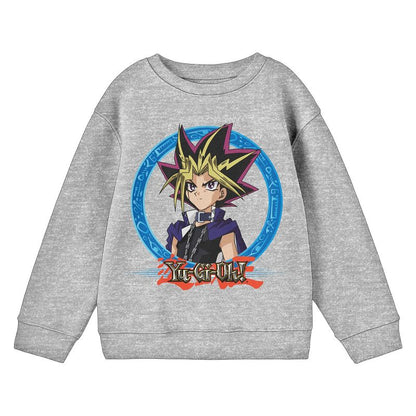 Yu-Gi-Oh! Yugi Character with Circle Frame and Logo Youth Athletic Heather Gray Crew Neck Sweatshirt