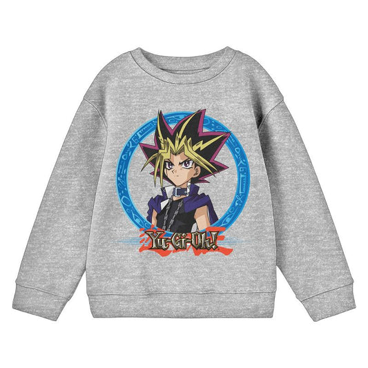 Yu-Gi-Oh! Yugi Character with Circle Frame and Logo Youth Athletic Heather Gray Crew Neck Sweatshirt