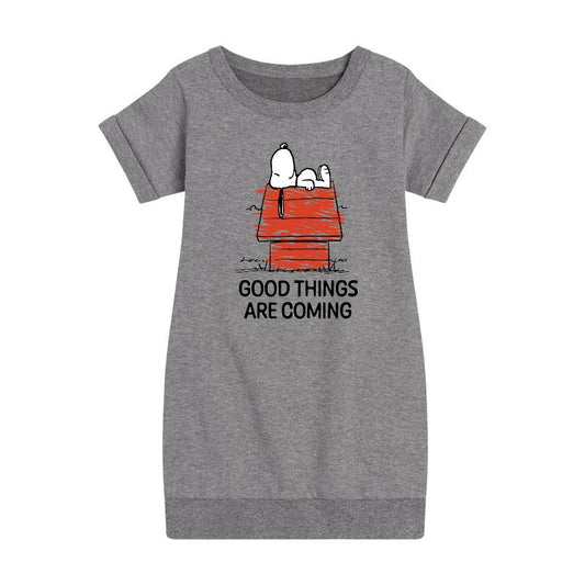 Girls' - Peanuts - Good Things Are Coming Snoopy Graphic Short Sleeve Fleece Dress