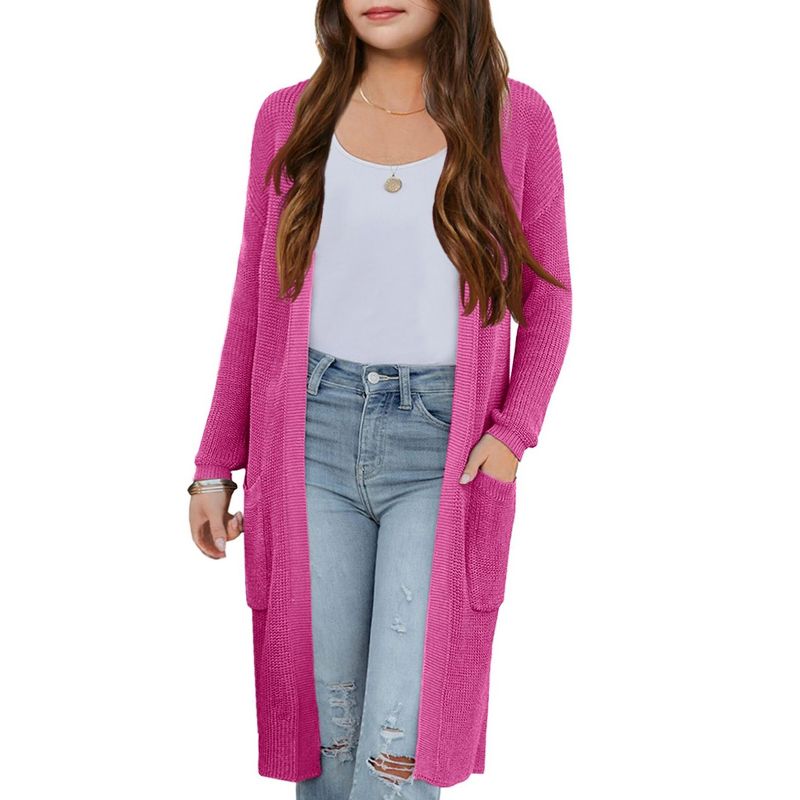 Girls Knee Length Cardigan Long Sleeve Open Front Sweater with Side Pockets